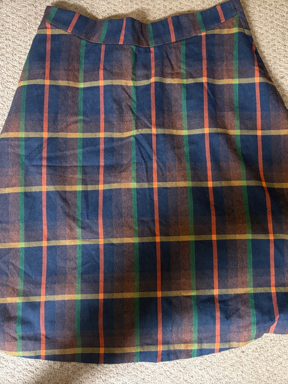ModCloth Navy Plaid Skater Skirt with Green and Orange Stripes